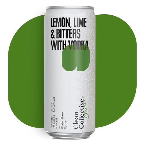 Can of lemon, lime, and bitters with vodka on a green background
