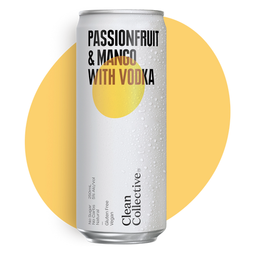 Silver can with 'Passionfruit & Mango with Vodka' text on a yellow background